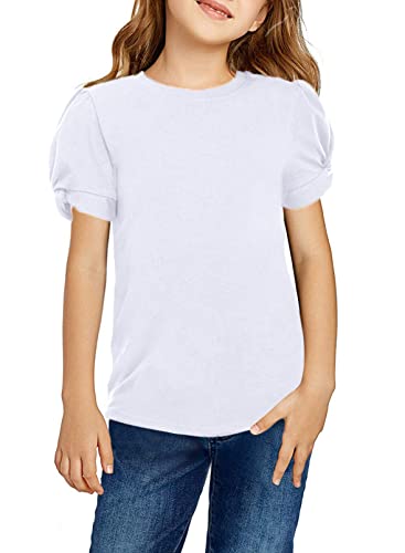 Arshiner Mädchen T-Shirts Puffarm Sommer Freizeit Kinder Shirts Oberteile Mode Rundhals Baumwolle Basic Kurzarm Tshirt für Mädchen 12-13 Jahre Weiß von Arshiner