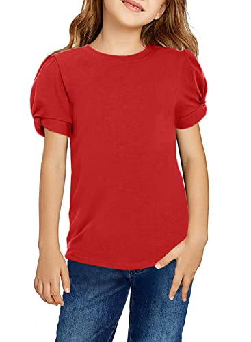 Arshiner Mädchen T-Shirts Puffarm Sommer Freizeit Kinder Shirts Oberteile Mode Rundhals Baumwolle Basic Kurzarm Tshirt für Mädchen 9-10 Jahre Rot von Arshiner