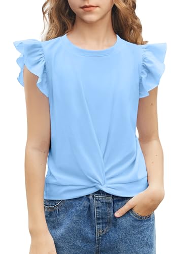 Arshiner Mädchen T-Shirts Sommer Fliegende Ärmel Rundhals Kurzarm Tops Lässig Mode Einfarbig Tshirt für Mädchen Blau 140 von Arshiner