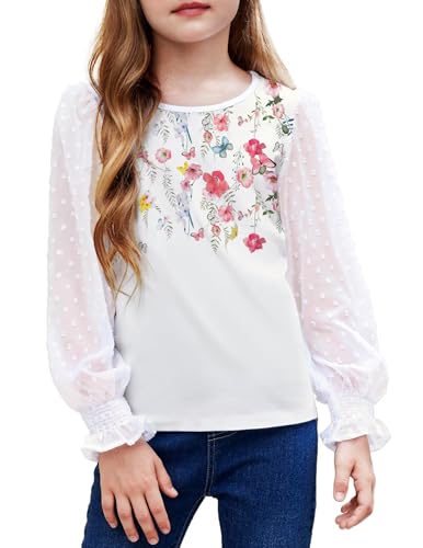 Arshiner Mädchen T Shirts Tunika mit Rüschenbündchen Langarmshirts Freizeit Lose Tops Elegent Kinder Weiche Bluse Blumen 160 von Arshiner