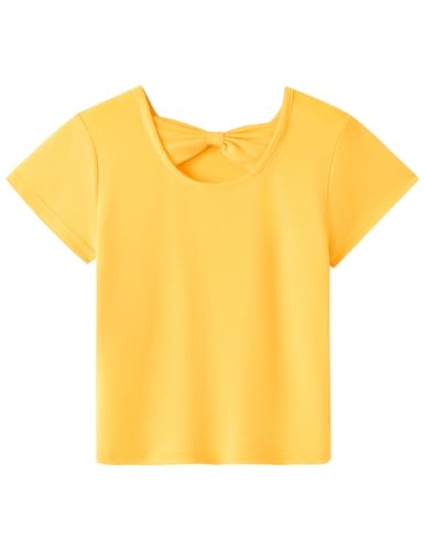 Arshiner Mädchen T-Shirts Zurück Hohl Fliege Kinder Baumwolle Sommer Kurzarmshirt Niedlicher Freizeit Mode Shirt Rundhals Einfarbige Tshirt für Mädchen 11-12 Jahre Gelb von Arshiner
