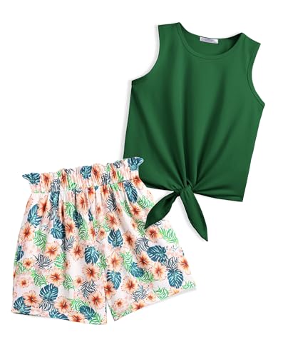 Arshiner Mädchen Tanktops mit Shorts Set Kinder Sommer Bekleidungssets Lässige Mode Ärmelloses T-Shirts Kleidung Sets für Mädchen 13-14 Jahre Grün & Blättrig von Arshiner