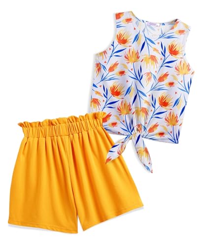 Arshiner Mädchen Tanktops mit Shorts Set Kinder Sommer Bekleidungssets Lässige Mode Ärmelloses T-Shirts Kleidung Anzug für Mädchen 13-14 Jahre Orange & Blume von Arshiner