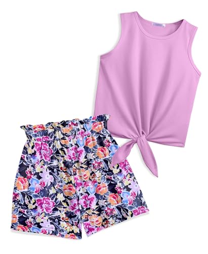 Arshiner Mädchen Tanktops mit Shorts Set Kinder Sommer Bekleidungssets Lässige Mode Ärmelloses T-Shirts Kleidung Anzug für Mädchen 13-14 Jahre Violette & Blume von Arshiner