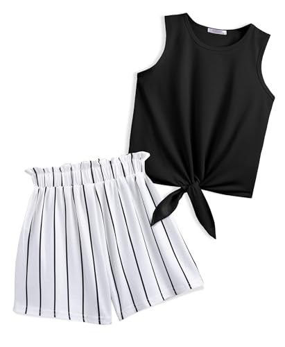 Arshiner Mädchen Tanktops mit Shorts Set Kinder Sommer Bekleidungssets Lässige Mode Ärmelloses T-Shirts Kleidung Anzug für Mädchen 8-9 Jahre Schwarz & Weiß Gestreift von Arshiner