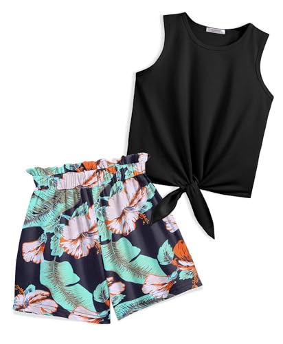 Arshiner Mädchen Tanktops mit Shorts Set Kinder Sommer Bekleidungssets Lässige Mode Ärmelloses T-Shirts Kleidung Anzug für Mädchen 8-9 Jahre Schwarze & Hawaii Blume von Arshiner