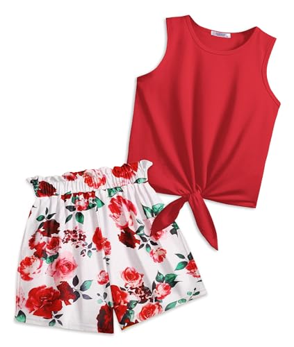 Arshiner Mädchen Tanktops mit Shorts Set Kinder Sommer Bekleidungssets Lässige Mode Ärmelloses T-Shirts Kleidung Sets für Mädchen 9-10 Jahre Rot & Blumen von Arshiner