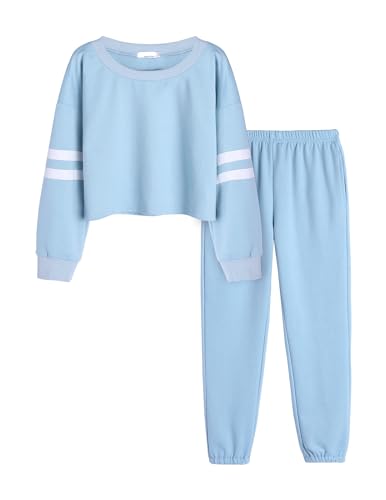 Arshiner Mädchen Trainingsanzug Blau Kinder Sportkleidung 2tlg Jogginganzug Unifarben 132 Bekleidungsset Sport 136 Freizeitanzug Outfit-Set Langarm Einfarbig 140 von Arshiner