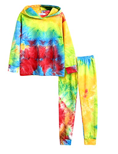 Arshiner Mädchen Pyjama-Set Batik Kinder Kapuzenpullover mit Hose Set Leicht Freizeit Langarm Schlafanzug für Mädchen 9-10 Jahre von Arshiner