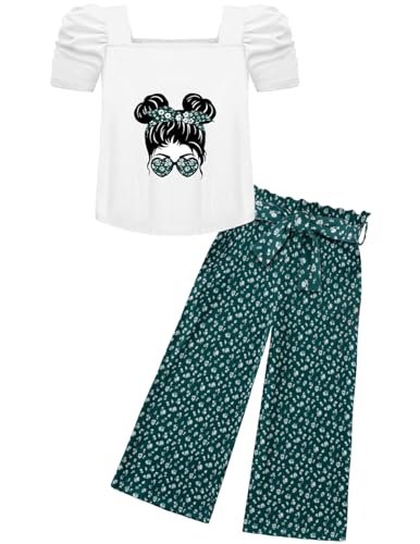 Arshiner Mädchen Tshirt mit Hose Set Kinder Mode Baumwolle Bekleidungssets Blasenärmeliges Oberteil mit Bedruckter Freizeithose Zweiteilig Outfits für Mädchen 7-8 Jahre 130 von Arshiner