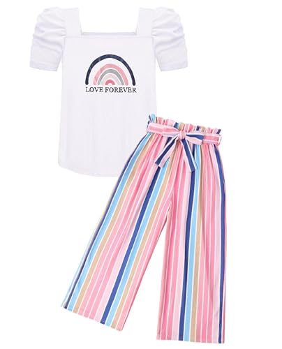Arshiner Mädchen Tshirt mit Hose Set Kinder Mode Baumwolle Bekleidungssets Blasenärmeliges Oberteil mit Bedruckter Freizeithose Zweiteilig Outfits für Mädchen 13-14 Jahre 150 von Arshiner