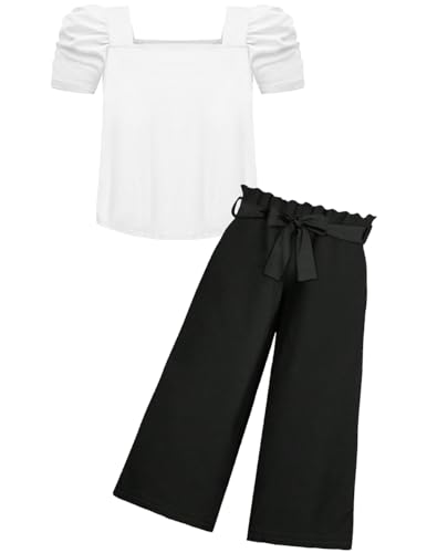Arshiner Mädchen Tshirt mit Hose Set Kinder Mode Bekleidungssets Blasenärmeliges Oberteil mit Bedruckter Freizeithose Zweiteilig Outfits für Mädchen 9-10 Jahre Schwarz & Weiß von Arshiner