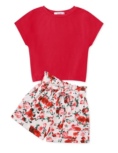 Arshiner Mädchen Tshirt mit Shorts Set Sommer Kinder Bekleidungssets Freizeit Mode Tank Top Zweiteiliges Kleidung Sets für Mädchen 8-9 Jahre Rot & Blumen von Arshiner