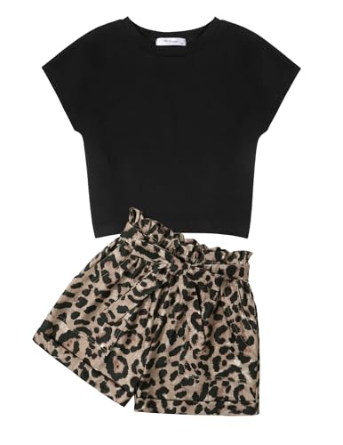 Arshiner Mädchen Tshirt mit Shorts Set Sommer Kinder Bekleidungssets Freizeit Mode Tank Top Zweiteiliges Kleidung Sets für Mädchen 8-9 Jahre Schwarz & Leopard von Arshiner