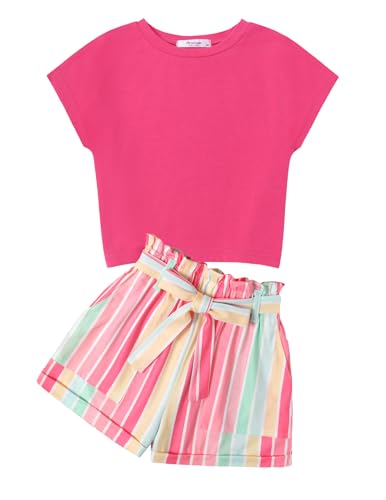 Arshiner Mädchen Tshirt mit Shorts Set Sommer Kinder Bekleidungssets Freizeit Mode Tank Top Zweiteiliges Kleidung Sets für Mädchen 9-10 Jahre Pink & Macaron von Arshiner