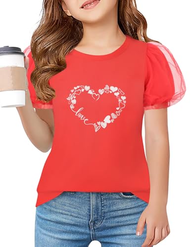 Arshiner Mädchen Tshirts Rot Herz Oberteile Mesh Kurzarm Shirt Sommer Kinder Tunika Mode Bluse Rundhals Top Lässig Kinderkleidung 140/9-10 Jahre von Arshiner