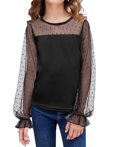 Arshiner Mädchen Tunika Chiffon Kinder Langarm Tshirt Laternen Ärmel Oberteile Rundhals Freizeit Elegant Herbst Winter Mode Shirt für Mädchen 10-11 Jahre Schwarz von Arshiner