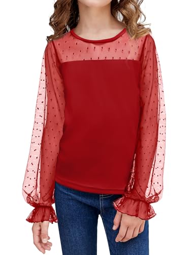 Arshiner Mädchen Tunika Chiffon Kinder Langarm Tshirt Laternen Ärmel Oberteile Rundhals Freizeit Elegant Herbst Winter Mode Shirt für Mädchen 11-12 Jahre Dunkelrot von Arshiner