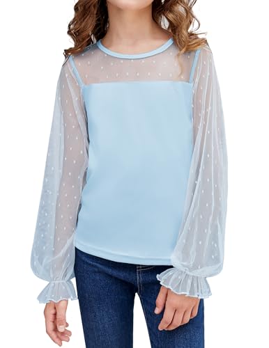 Arshiner Mädchen Tunika Chiffon Kinder Langarm Tshirt Laternen Ärmel Oberteile Rundhals Freizeit Elegant Herbst Winter Mode Shirt für Mädchen 11-12 Jahre Hellblau von Arshiner