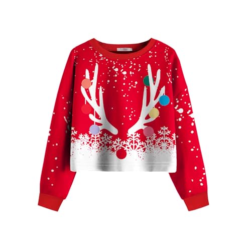 Arshiner Mädchen Weihnachten Sweatshirt Pullover T-Shirt Langarm Tops Casual Baumwolle T-Shirts Kinderkleidung Weihnachtsrot 160 von Arshiner