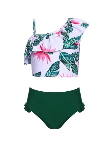 Arshiner Mädchen Zweiteiliger Badeanzüge Kinder Tankini Set Bikini Floral Schwimmanzug Rüschen Bademode Strand Beachwear Hawaiian Grün 120/4-5 Jahre von Arshiner