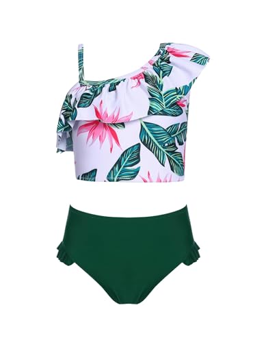 Arshiner Mädchen Zweiteiliger Badeanzüge Kinder Tankini Set Bikini Floral Schwimmanzug Rüschen Bademode Strand Beachwear Hawaiian Grün 120 von Arshiner