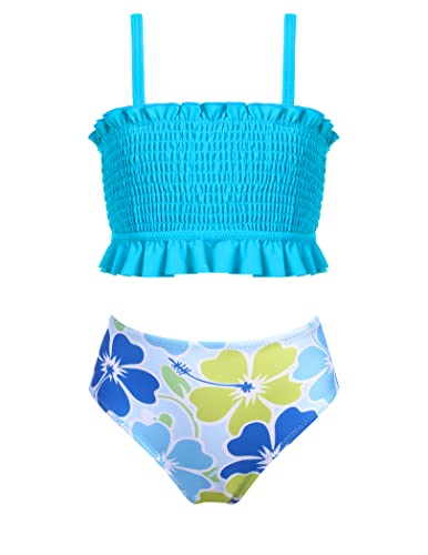 Arshiner Mädchen Zweiteiliger Badeanzug Gesmokte Bustier Bikini mit Verstellbaren Träger Tankini Rüschen Bademode Kinder Swimsuit Blau 150/10-11 Jahre von Arshiner