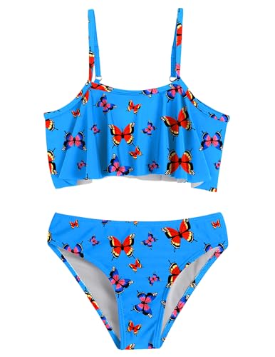 Arshiner Mädchen Zweiteiliger Badeanzug Tankini Set Rüschen Gedruckt Verstellbar Bademode Triangel Badehose Kinder Bikini für 5-15 Jahre Blauer Schmetterling/130 7-8 Jahre von Arshiner