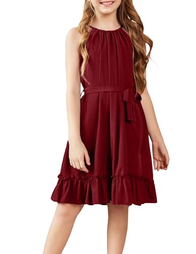Arshiner Mädchenkleid A-Linie Weinrot Sommerkleid Freizeit Neckholder Elegantes Kleid Kinder Frühling Kinderkleid Swing Partykleider Einfarbig Kleid für Mädchen mit Gürtel 140/9-10 Jahre von Arshiner