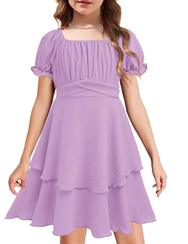 Arshiner Mädchenkleid Kurzarm Rüschenkleid Schick Chiffonkleid Abendkleider Elegant Kinderkleider Lila Festkleider Stufenkleid mit Gürtel 11-12 Jahre von Arshiner