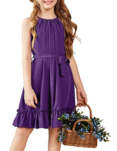 Arshiner Mädchenkleider Violett Sommerkleid Basic A Linie Kleid Neckholder Einfarbig Kleider Eleganteskleid Kinder Festlichekleid Casual Einschulungskleid mit Gürtel Mädchenkleidung 120/6-7 Jahre von Arshiner