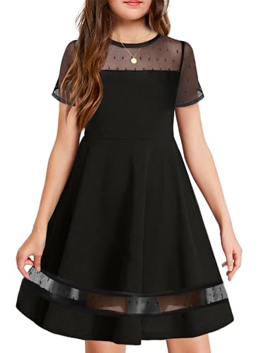 Arshiner Mädchenkleider mit Mesh-Ärmel Kinder Festliche Elegant Sommerkleid Mode Kurzarm Partykleider A-Linie Casual Kleider für Mädchen 5-6 Jahre Schwarz von Arshiner