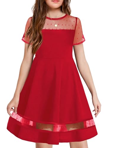 Arshiner Mädchenkleider mit Mesh-Ärmel Kinder Festliche Elegant Sommerkleid Mode Kurzarm Partykleider A-Linie Casual Kleider für Mädchen 9-10 Jahre Dunkelrot von Arshiner