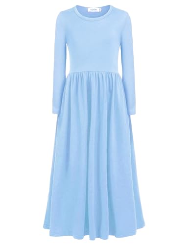 Arshiner Maxikleid Mädchen Langarmkleid Lang Herbstkleid Einfarbig Freizeitkleid Partykleid mit Taschen Blau 150/12-13 Jahre von Arshiner