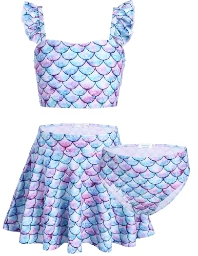 Arshiner Meerjungfrau Bikini Mädchen Tankini Set 3er Kinder Blau Bustier Bikinislip mit Rock Badeanzug Rüschen Bademode 160/11-12 Jahre von Arshiner