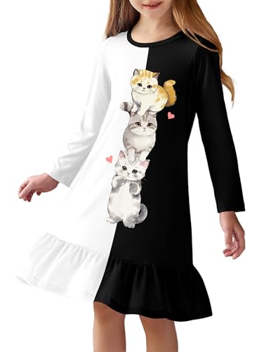 Arshiner Nachthemd Kinder Schwarz Weiß Nachtkleid A-Linie Nightdress Mädchen Rundhals Schlafkleid Herbst Winter Rüschen Nachtwäsche Mädchenkleidung 120/5-6 Jahre von Arshiner