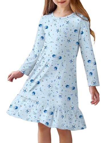Arshiner Nachthemden für Mädchen Blau Stern Rüschen Schlafkleid Kinder Rundhals Nachtkleid Langarm Herbst Nightdress für Mädchen 110/4-5 Jahre von Arshiner