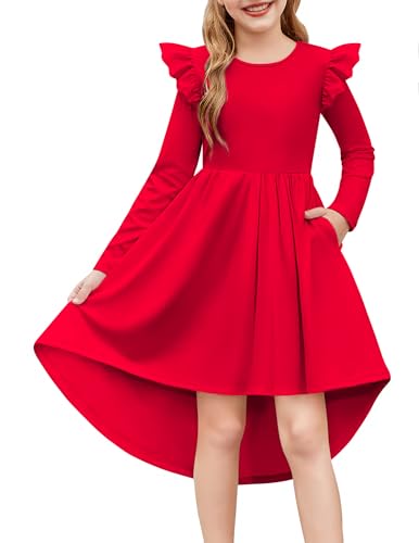 Arshiner Rotes Kleid Mädchen Festliches Langarmkleid Kinder Herbst Winter Partykleid Weihnachten Festkleid Kinderkleid Rüschenkleid mit Tasche 120/5-6 Jahre von Arshiner