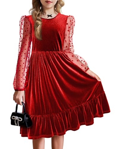 Arshiner Samt Kleid Mädchen A Line Swingkleid Lange Puffärmel Freizeitkleid Herbstkleid Winterkleid Kinder Festliches Partykleid Weihnachtskleid Schuleinführungskleid mit Taschen Rot 140/10-11 Jahre von Arshiner