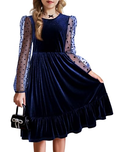 Arshiner Samtkleid Mädchen Langarmkleid Rüschen Freizeitkleid Puffärmeln Einfarbiges Kleid A Line Ballkleid Kinder Abendkleid Herbstkleid Festkleid Partykleid mit Taschen Blau 130/8-9 Jahre von Arshiner