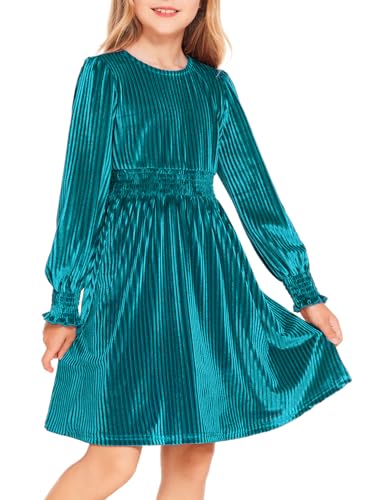 Arshiner Samtkleid Mädchen Winter Festlicheskleid Langarm Abendkleid Vintage Partykleid Festkleid Herbst Kinderkleid Türkis 140/10-11Jahre von Arshiner