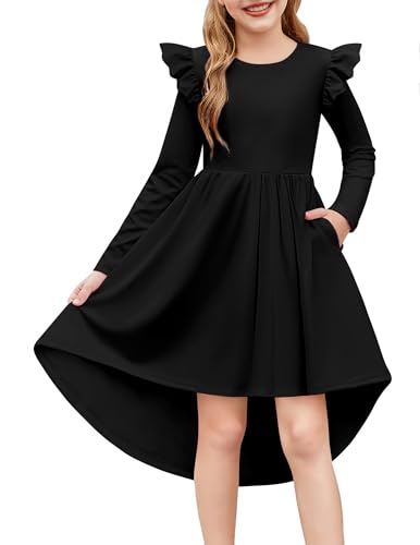 Arshiner Schwarzes Kleid Mädchen Langarmkleid Rundhals Herbstkleid Schulanfangkleid Kinder A-Linie Partykleid Halloween Beerdigung Winterkleid 130/7-8 Jahre von Arshiner