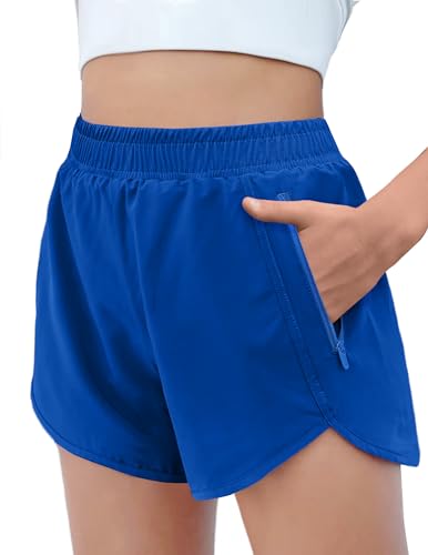 Arshiner Shorts Mädchen Blau Sommer Sporthose Active Shorts Einfarbig Kurze Hose Kinder Athletisch Radlerhose Running Sporthose mit Reißverschlusstaschen 120/5-6 Jahre von Arshiner