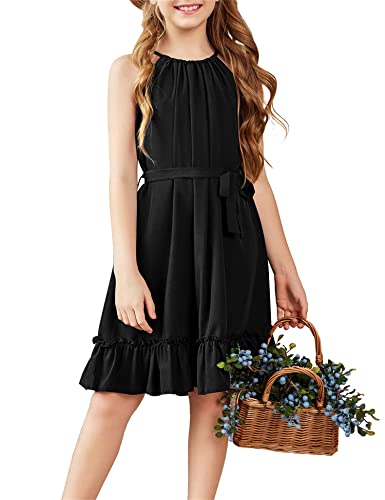 Arshiner Sommer Kleid Mädchen Ärmelloses A-Linie Kleider Einfarbig Kinderkleid Frühling Kleid Festlichkleid Einschulungskleid Schwarz Swing Partykleider Freizeitkleid mit Gürtel 150/11-12 Jahre von Arshiner