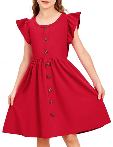 Arshiner Sommer Mädchenkleider Rüschenärmel Kinder Baumwolle Freizeitkleid Knopf A-Linie Midi Rundhals Festliche Kleid für Mädchen 11-12 Jahre Rot von Arshiner