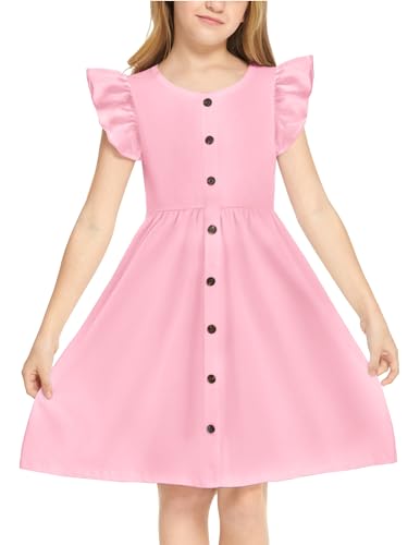 Arshiner Sommer Mädchenkleider Rüschenärmel Kinder Baumwolle Freizeitkleid Knopf A-Linie Midi Rundhals Festliche Kleid für Mädchen 13-14 Jahre 160 von Arshiner