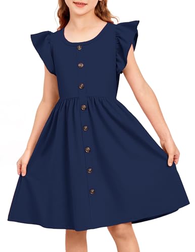 Arshiner Sommer Mädchenkleider Rüschenärmel Kinder Baumwolle Freizeitkleid Knopf A-Linie Midi Rundhals Festliche Kleid für Mädchen 5-6 Jahre Blau von Arshiner