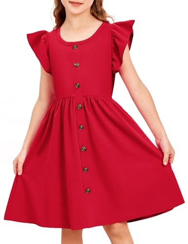 Arshiner Sommer Mädchenkleider Rüschenärmel Kinder Baumwolle Freizeitkleid Knopf A-Linie Midi Rundhals Festliche Kleid für Mädchen 7-8 Jahre Rot Arshiner Sommer Mädchenkleider Rüschenärmel Kinder Baumwolle Freizeitkleid Knopf A-Linie Midi Rundhals Festliche Kleid für Mädchen 7-8 Jahre Rot von Arshiner