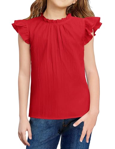Arshiner Sommer T-Shirt Mädchen Rot Ärmelloses Bluse Freizeit Festliches Oberteile Kinder Strukturiertes Shirts Rundhals Elegant Tops Mädchenkleidung 160/11-12 Jahre von Arshiner