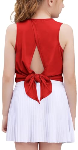 Arshiner Sport-Shirt für Kinder Mädchen Ärmellos Offen Tanktop mit Bindeband Hinten für Training Laufen Tennis Volleyball Handball Sommer Sport Tops Rot 160 13-14 Jahre von Arshiner